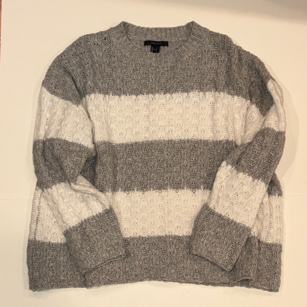 Forever 21 Women’s Heather Gray and Cream Striped Sweater